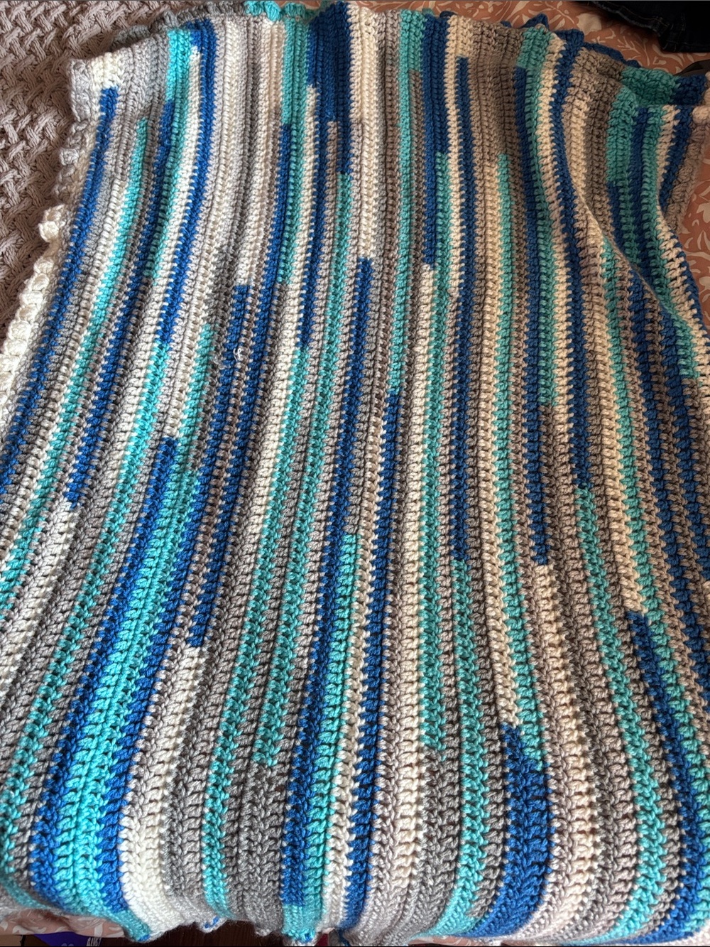 Source Unknown Blue, Teal, Gray & White Striped Crochet Throw